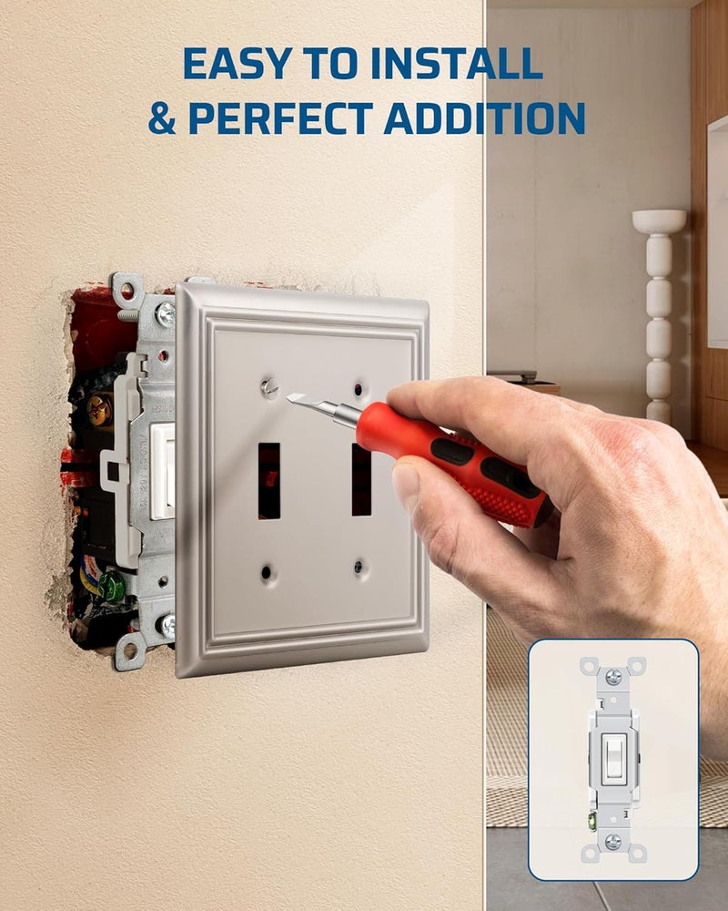 DEWENWILS Double Toggle Wallplates, Brushed Nickel Light Switch Covers, Heavy Duty Matel Material, Pack of 2 - Image 3